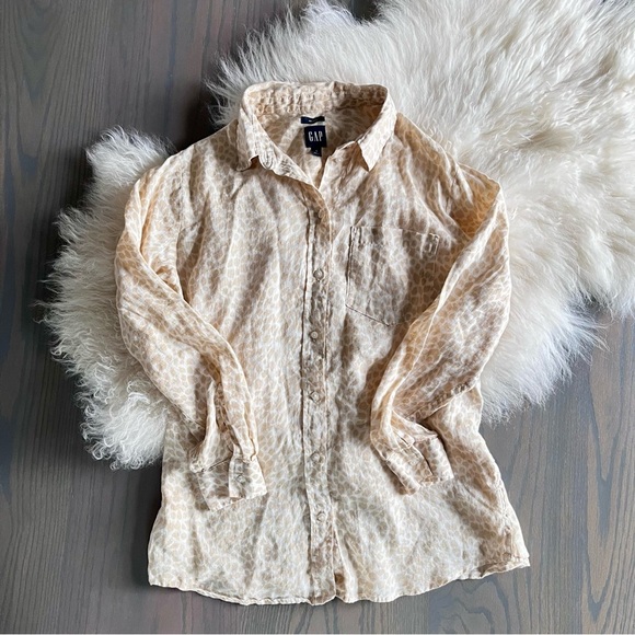 GAP Linen Button Front Long Sleeve Blouse Neutral Print Women’s Size Small - Picture 1 of 3